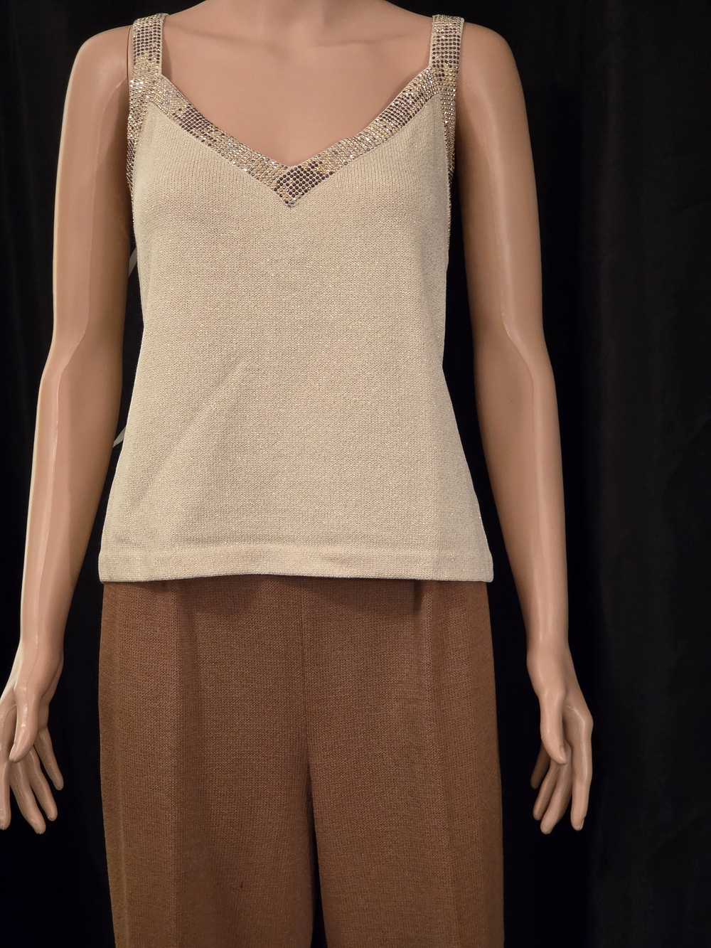 St. John Cream Copper, Silver, Gold Beaded V-Neck Knit Tank